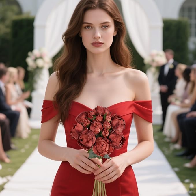 IPOPU Red Peonies Artificial Flowers 2 Bouquets Silk Peonies with Stems Real Look 14PCS Fake Red Flowers Centerpieces for Tables Wedding Bouquet Faux Flowers Crafts Floral Arrangement