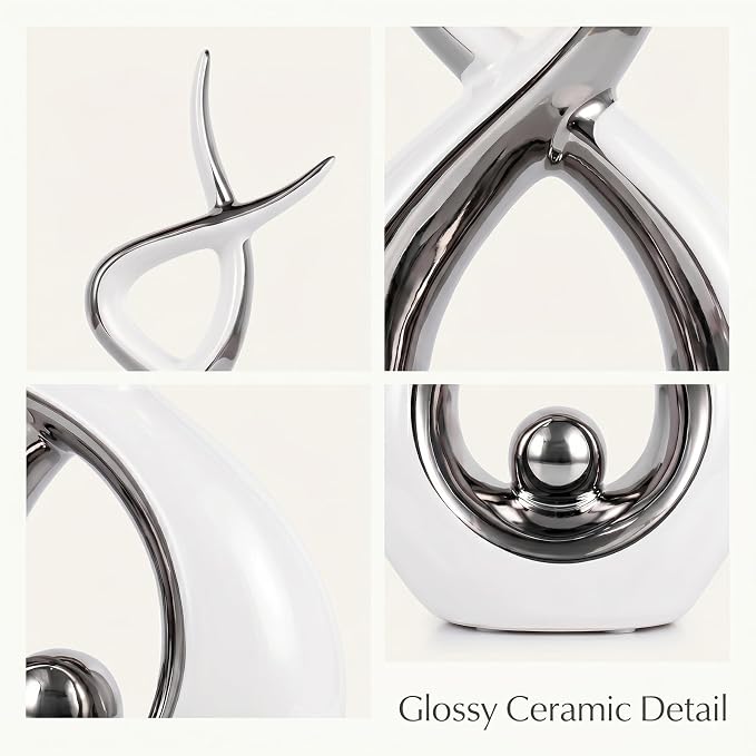 LCCCK White and Silver Abstract Table Decor, Abstract Sculptures Home Decor, Ceramic Sculpture Set of 2 with Electroplated Finish, Modern Tabletop Statues for Dining Table or Shelf