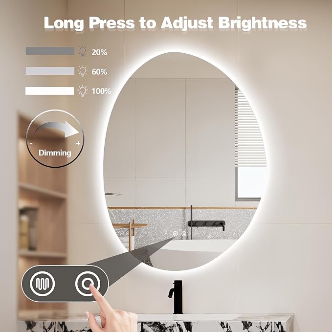 Niccy Irregular LED Bathroom Mirror, 20"x28" Asymmetrical Backlit Vanity Wall Mirrors, Frameless Lighted Mirrors for Bedroom, Living Room, Modern Smart-Mirror with Anti-Fog, Dimmable, Memory Function