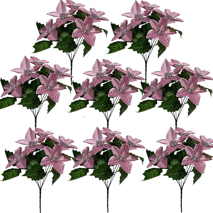 8 Pack 5 Heads Christmas Artificial Poinsettia Flowers Faux Poinsettia Bush Bouquets Silk Poinsettia Christmas Tree Ornaments Poinsettia Flower Arrangement for Home Decor