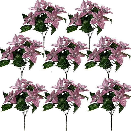 8 Pack 5 Heads Christmas Artificial Poinsettia Flowers Faux Poinsettia Bush Bouquets Silk Poinsettia Christmas Tree Ornaments Poinsettia Flower Arrangement for Home Decor