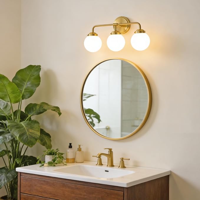 Bathroom Light Fixtures, 18.26'' Gold Vanity Light, Modern Brass 3 Lights Wall Sconce with Milky Glass Globe Shade, Small Bathroom Lighting Fixtures Over Mirror for Bathroom Living Room