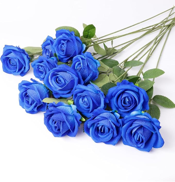 12 Pcs Artificial Rose Flowers, Silk Roses with Long Stems, Realistic Fake Roses for Wedding Centerpiece Party Home and Office DIY Decor, Blue