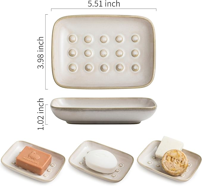 Miamolo Soap Dish for Shower, Ceramic Soap Dish Non-Slip Soap Holder Bar Saver Tray for Bathroom Kitchen Sink, Floating Point Design Save Soap Loss