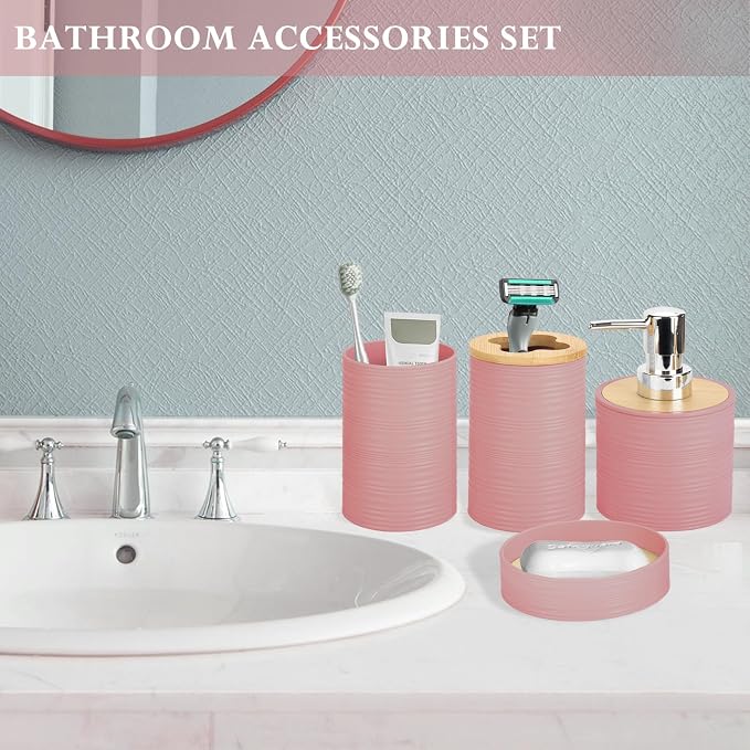 4 Pieces Bamboo Bathroom Accessories Set, Bathroom Accessory Set with Soap Dispenser and Toothbrush Holder, Soap Dish and Toothbrush Cup, Boho Bathroom Decor(LightPink)