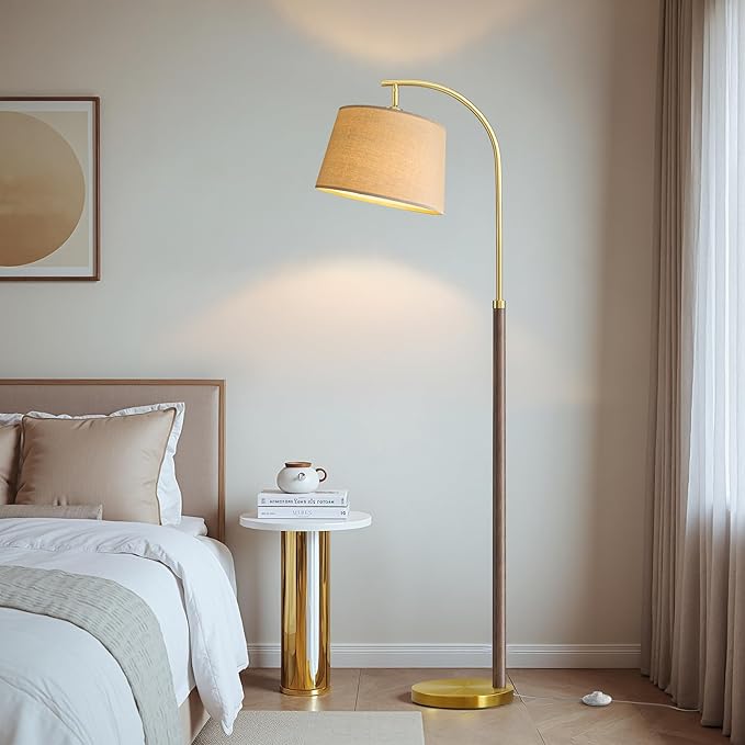 G-SAFAVA 63" Wood Floor Lamps for Living Room with Foot Switch Arc Tall Standing Lamp for Bedroom Mid Century Modern Corner Gold Floor Lamps for Office Nursery Industrial Reading Lamp, Walnut Brown