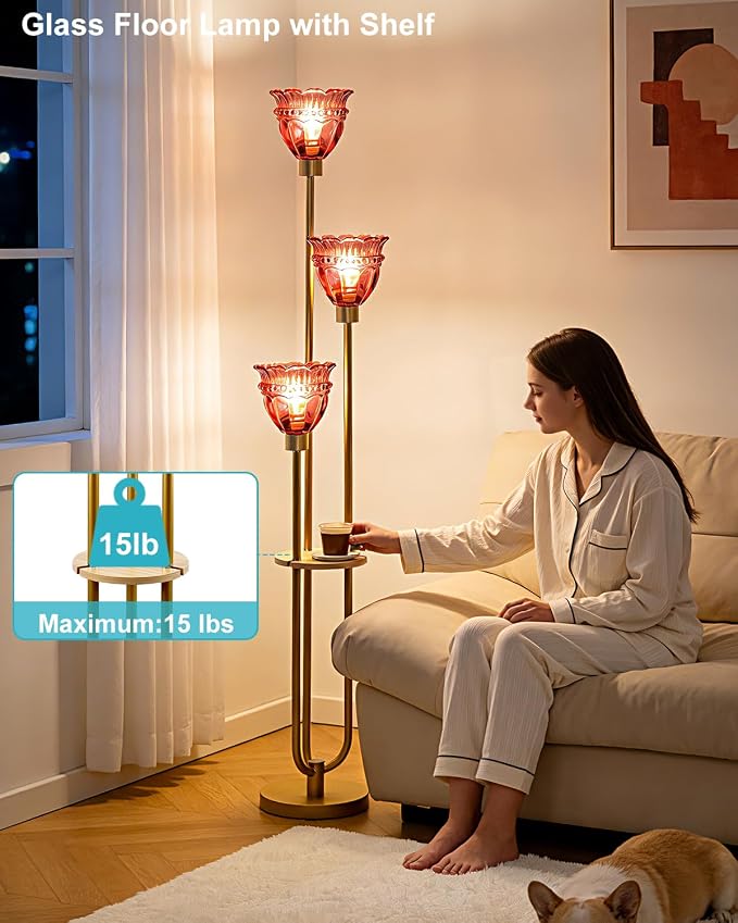 Lightdot Glass Floor Lamp with 5Lbs Heavy Base for Living Room Modern Gold Floor Lamp with Rose Red Glass Shade & 3000K Bulbs Included Tall Standing Lamp with Foot Switch for Sofa Beside/Corner Decor