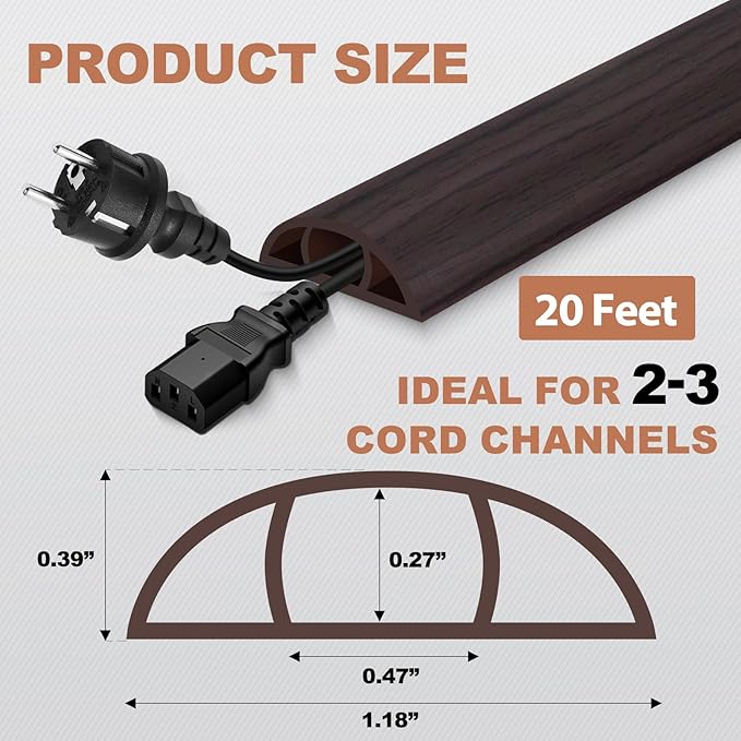 Floor Cord Cover for Wires on Floor Self Adhesive Cord Hider Floor Cable Management Wire Covers for Cords Protector Prevent Cable Trips Cord Cavity W 0.47" x H 0.27", Black Walnut, 20Ft