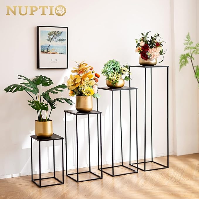 Nuptio Metal Black Vase, 2 Pcs 39.4 inch Tall, Elegant Cylinder & Square Vase for Wedding Centerpieces, Home Party Decorations