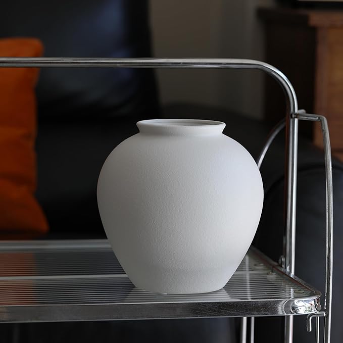 Large Matte White Ceramic Flower vase, Modern Centerpiece Table Decorations,Round Shape Rustic Ceramic vases for Home Decor Dining Room Decorative Jar (White, 0617)