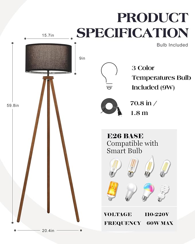 ELYONA Wood Tripod Floor Lamp Modern Standing Lamp with Black Drum Shade, Industrial Tall Reading Lamp for Office Living Room Bedroom, ETL Listed Walnut & Black, 3 Color Temperatures LED Bulb Include
