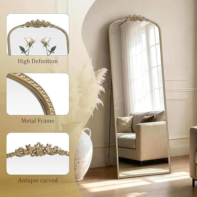 WallBeyond Gold Vintage Full Length Mirror with Stand for Vanity 22x65 Inch, Gold Antique Mirror with Ornate Frame, Arched Vintage for Bathroom, Living Room, Bedroom, Entryway