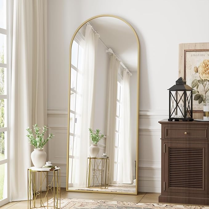 Dewfig Arched Gold Full Length Mirror, 58"X18" Large Floor Mirrors with Stand for Leaning or Hanging, Full Body Mirrors for Living Room,Bedroom, Dressing Room, Aluminum Alloy Frame, Gold