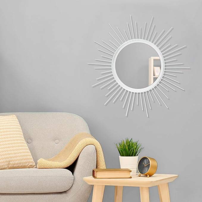 Sunburst Spoked White Large Wall Mirror Boho Home Circle Art Mirror Modern Metal Mirror for Wall Decorative Bathroom Bedroom Vanity Hallway Balcony Living room Entryway 20"