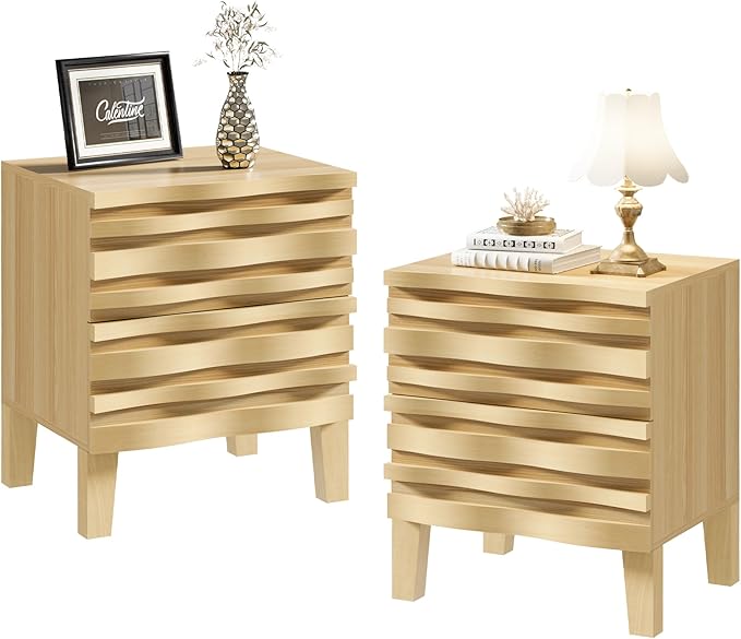 UEV Solid Wood Nightstand Set of 2, 19.7" W Boho Nightstand with 2 Drawers, Fluted Wood Night Stand, Mid Century Modern Bed Side Table for Bedroom, Ivory White