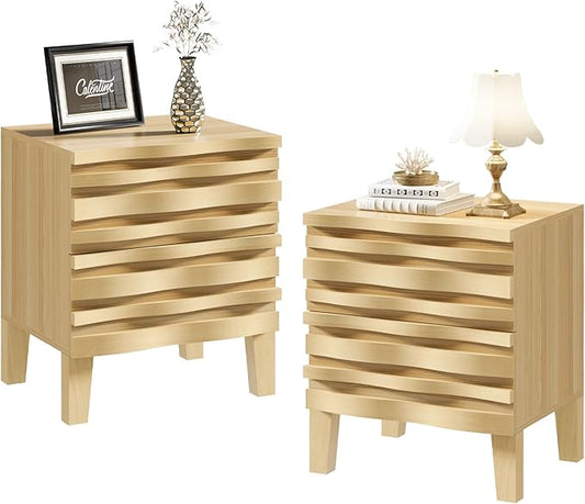UEV Solid Wood Nightstand Set of 2, 19.7" W Boho Nightstand with 2 Drawers, Fluted Wood Night Stand, Mid Century Modern Bed Side Table for Bedroom, Ivory White