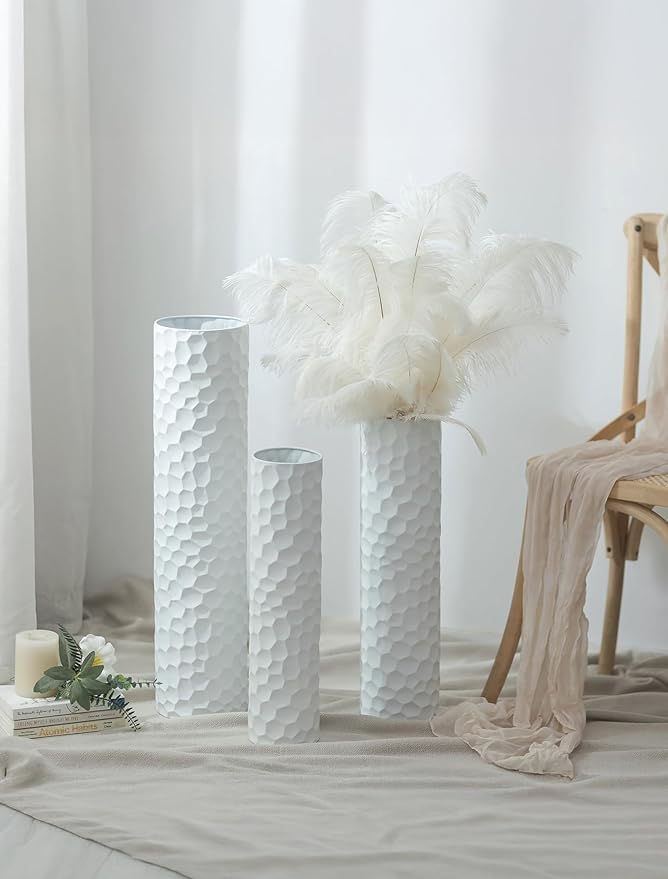 Sziqiqi Tall Vases Floor Standing: White Extra Large Floor Vase for Living Room 27.6/21.7in - Metal Tall Flower Vase for Pampas Grass - Modern Home Decor for Bedroom Office Hallway Corner
