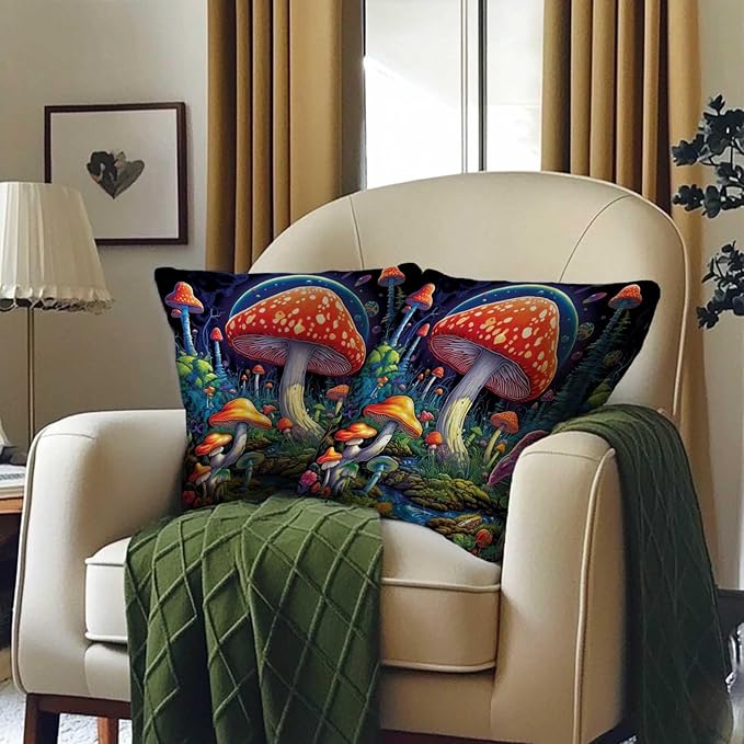 Mushroom Throw Pillow Covers 18x18 Set of 2, Hippie Decorative Square Cushion Cases for Sofa and Couch, All Seasons Pillowcases for Living and Bed Room