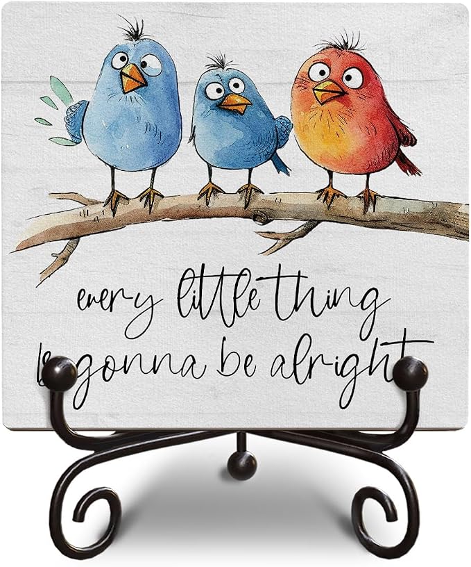 Funny Adorable Birds Wooden Desk Sign Gift, Every Little Thing Is Gonna Be Alright Positive Quotes Wooden Plaque Decor Uplifting Table Gifts, 5x5 Inches -K29