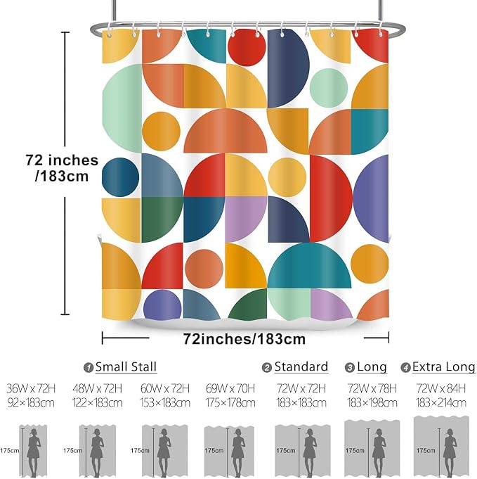 Colorful Rainbow Geometric Shower Curtain Mid Century Modern Abstract Art Bathroom Curtain Decor 72x72 Inch Washable Fabric Bright Boho Circle Patterned Bath Curtain with 12 Hooks
