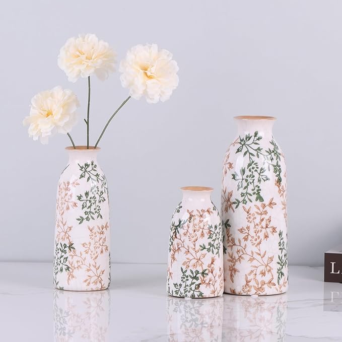 Ceramic Vase Set of 3, Vintage Green and Beige Vases Set, Flower Rustic Chinoiserie Vases Floral Grand Millennial Farmhouse Decor Vase (Green and Beige-Set of 3)