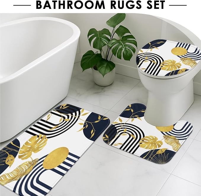 Boho Blue Shower Curtain Set with Toilet Lid Cover and Non-Slip Rugs, Abstract Botanical Navy Gold 4 Pcs Modern Minimalist Vintage Shower Curtain for Bathroom Set with 12 Hooks