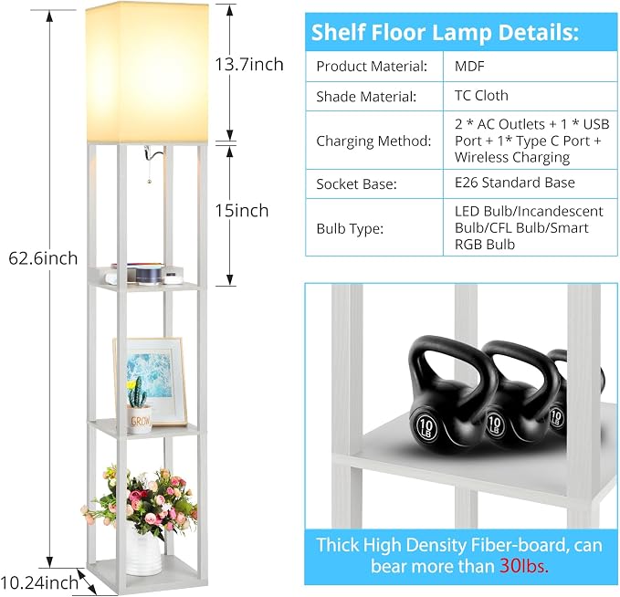 Mlambert Modern Shelf Floor Lamp with Wireless Charger & Fast Charging USB Ports & Type C Port & 2 Power Outlets,3 Tier Storage Lamp for Bedroom,Grey