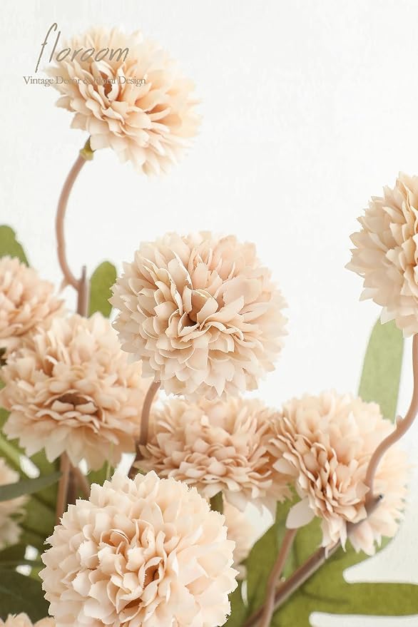 Floroom 6pcs Beige Faux Silk Mums Artificial Flowers, Bulk Fake Small Mini Chrysanthemums with Stems for DIY Champagne Wedding Centerpieces Floral Arrangements Vase Fillers Home Decorations