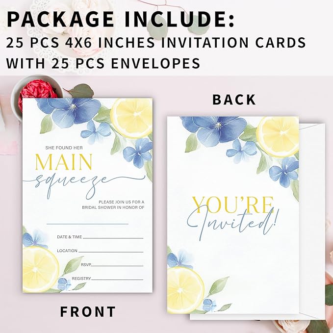 Main Squeeze Bridal Shower Invitations, Set of 25 Lemon Citrus Summer Bridal Shower Invites with Envelopes for Engagement Wedding Party-A10
