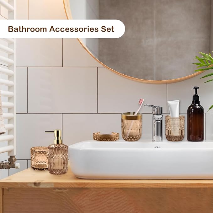 5Pcs Brown Bathroom Accessories Set, Glass Bathroom Accessories, Vintage Bathroom Countertop Decoration Includes Soap Dispenser, Toothbrush Holder, Qtip Holder,Soap Dish and Rinsing Cup