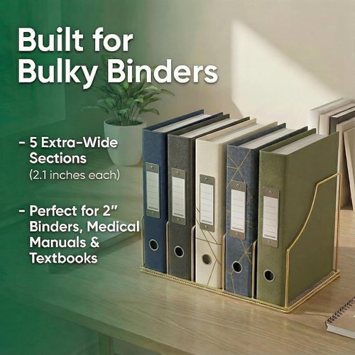 Simmer Stone Gold Binder Organizer - 5 Slot Vertical File Sorter with Mesh Bottom | Large Desktop Holder for Binders & Books