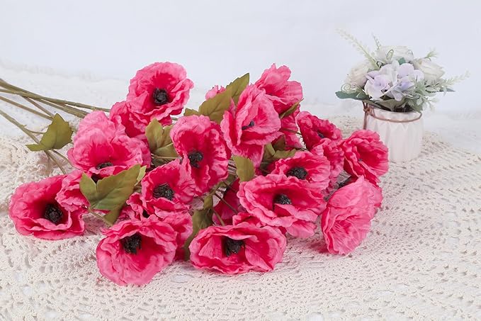 Poppies Flowers Artificial Silk Flowers 6PCS 32in Artificial Poppies Flowers for Wedding Home Party Table Centerpiece Arrangement Decoration (Hot Pink)