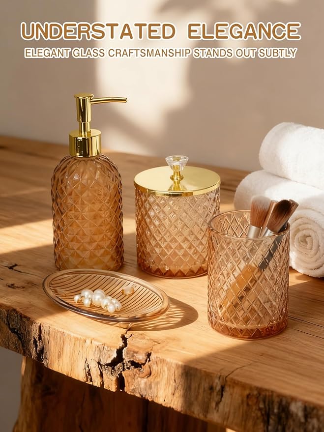 Haturi Amber Brown Bathroom Accessories Set, 4Pcs Glass Bathroom Accessory Set Complete w/Soap Dispenser, Toothbrush Holder, Qtip Holder, Soap Dish, Gold Bathroom Decor Sets, Gift for Home Apartment