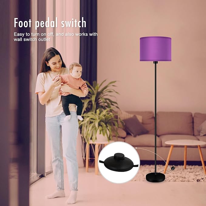 AUQUEE Floor Lamp, Standing Lamp, Modern Stand Up Lamps with Purple Lampshade, 59" Tall, Foot Switch, Simple Living Room Decor for Kids Room, Girls Room, Den, Office - Black(NO Bulb,E26 Base)