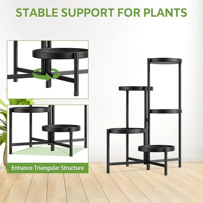 iDavosic.ly 5 Tier Large Plant Stand Indoor with 10 Inch Wide Tray, Tiered Corner Metal Outdoor Flower Display Holder Shelf, Folding Tall Rack for Patio Porch Living Room, Modern Black