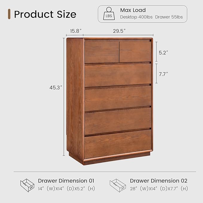 Solid Wood Dresser for Bedroom, Natural Solid Wood 6 Drawer Dresser,45.3" Tall Mid Century Modern Chest of Drawers, Closet Storage Organizer for Living Room, Bedroom