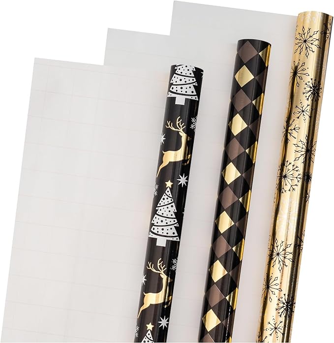 LeZakaa Black Gold Christmas Wrapping Paper Mini Roll, Reindeer Snowflake Tree Grid Metallic Foil Holiday Gift Wrap, DIY Craft, for Xmas Winter Party, 17 x 120 inches, 3 Rolls