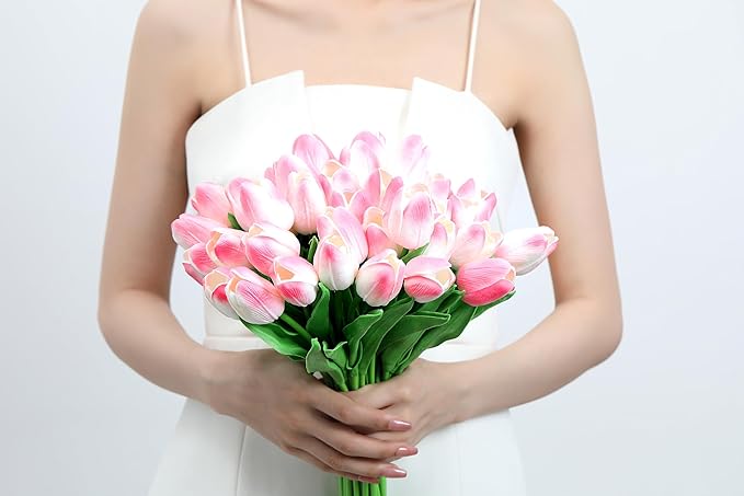 20pcs Pink Tulips Artificial Flowers Fake Silk Tulips Real Touch Flowers for Spring Kitchen Wedding Home Decor Arrangements Easter Decor 14 Inch