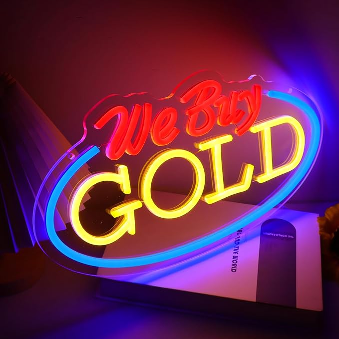 We Buy Gold Neon Sign for Wall Decor, Dimmable Gold Jewelry Shop Store Light up Display LED Light, Red and Yellow Neon Lights for Accessory Store