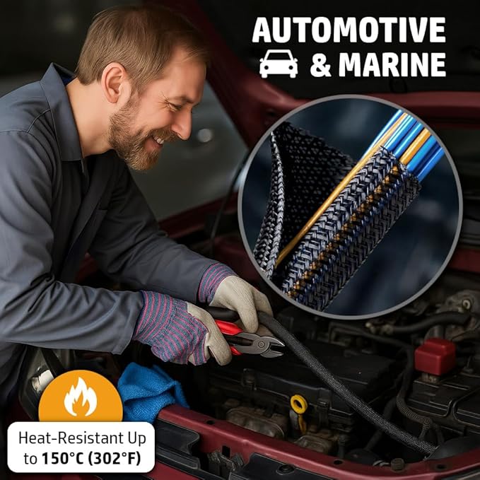 MGI SpeedWare Braided Split-Sleeve Wire Loom for High-Temperature Automotive Harness and Home Cable Management 25 feet (1/4")