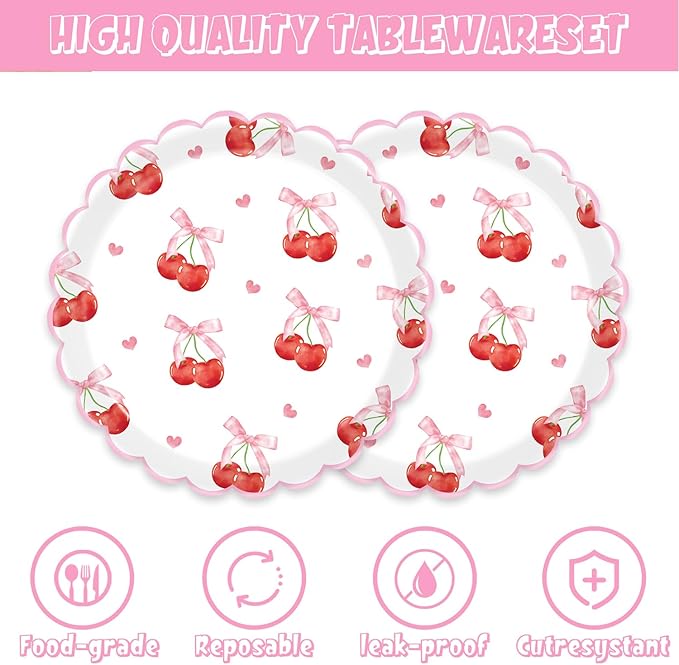 40Pcs Cherry Birthday Decorations Pink Cake Plates and Napkins Set Party Supplies for Baby Shower Favors Pink Bow Birthday Decorations Serve 20