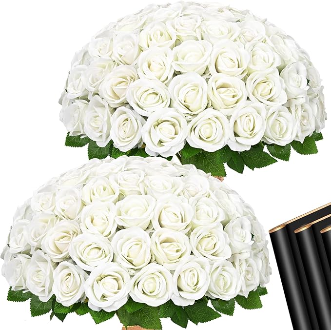 Waipfaru 50 Pcs White Roses Artificial Flowers Bulk, Real Touch Velvet Roses with Wrapping Paper, Fake Flowers for Wedding Centerpieces Bridal Bouquet Valentines Mothers Day Decor