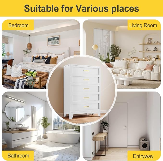 53.54" Tall Metal Dresser for Bedroom, 5 Drawer White Closet Dressers Chests, Modern Storage Organizer Unit, Large Storage Space Drawer Storage Cabinet for Living Room, Entryway, Hallway