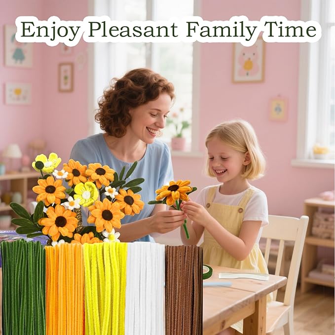Pipe Cleaners Flower Craft Kit,Chenille Stems Craft DIY Bouquet Making Set with Floral Wires, Gardening Tape, Stamens & Ribbon for Home Decor-Holiday Decorations,Gifts - 400 Pcs (Yellow)