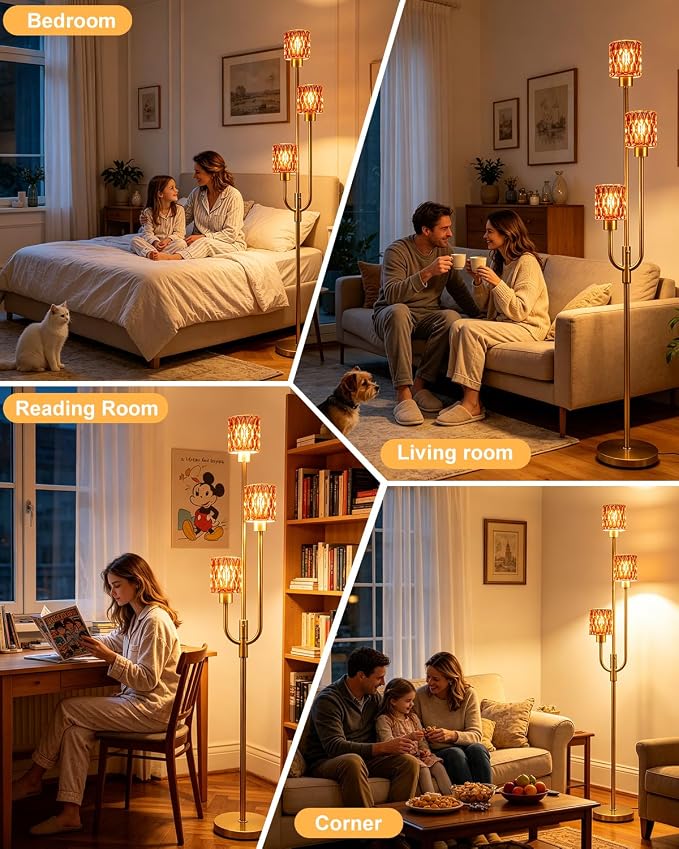 66IN Glass Floor Lamp 3-Lights Modern Gold Dimmable Floor Lamps with 3000K Warm White Bulbs for Wedding Party Modern Tall Standing Lamp with Deep Red Glass Shade for Living Room/Bedroom/Home Decor