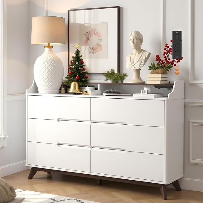 Dresser for Bedroom with 6 Drawers, 55" Large Dresser & Chest of Drawers with Charging Station, Wood Closet Clothes Storage Long Dressers Organizer for Bedroom Living Room Hallway, White
