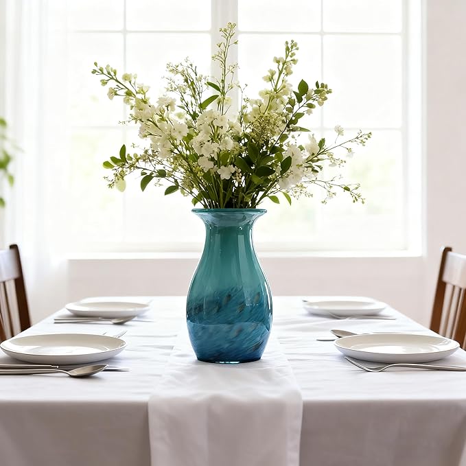 11.4" Tall Teal Glass Vase for Flowers, Hand Blown Gradient Decorative Vase for Home Decor, Centerpiece, Dining Table, Shelf, Mantel, Bathroom, Entryway, Countertop, Gift for Friends