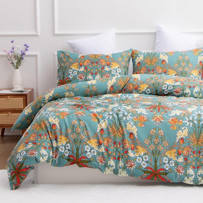 Nayoroom Vintage Floral Duvet Cover Set King Size Vibrant Boho Yellow Orange Flowers Printed on Teal Blue Comforter Cover 3Pcs Soft Microfiber Garden Style Bedding Set with Zipper Closure