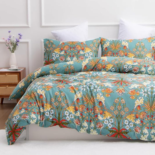 Nayoroom Vintage Floral Duvet Cover Set King Size Vibrant Boho Yellow Orange Flowers Printed on Teal Blue Comforter Cover 3Pcs Soft Microfiber Garden Style Bedding Set with Zipper Closure