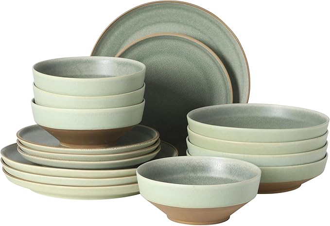 Gibson Elite Octavia Place 16 Piece Stoneware Dinnerware Set, Service for 4, Coupe Modern Plates & Bowls, Reactive Glaze Finish, Green, Microwave & Dishwasher Safe